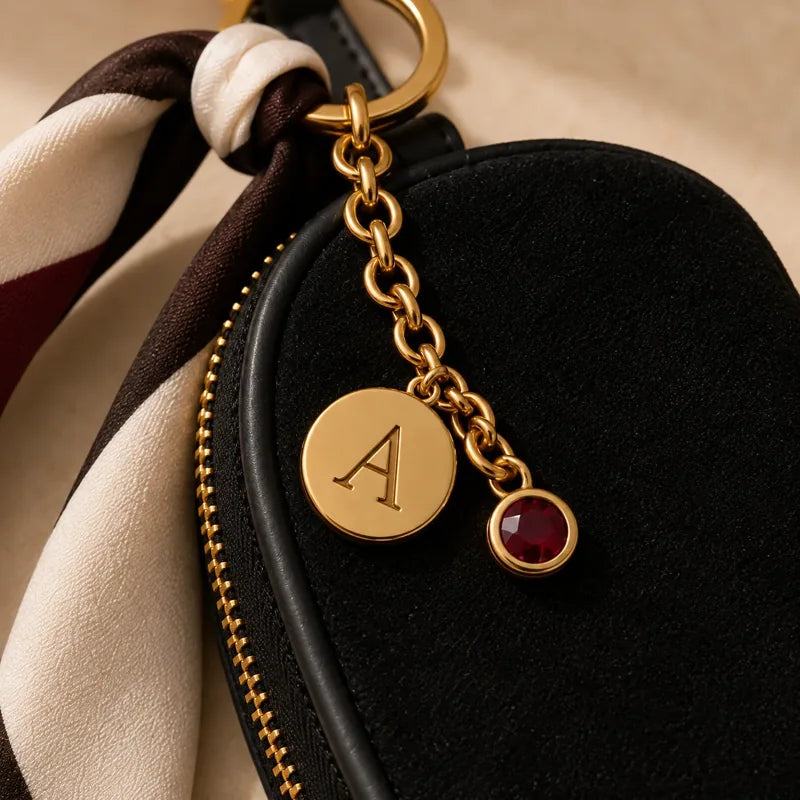 Close view of the short Accent Chain, Initial Signet and Birthstone on a Mini Porter