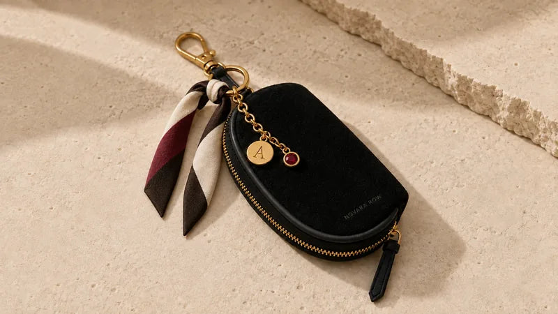Black Mini Porter styled with optional Nexus ribbon, Accent Chain, initial Signet and Birthstone