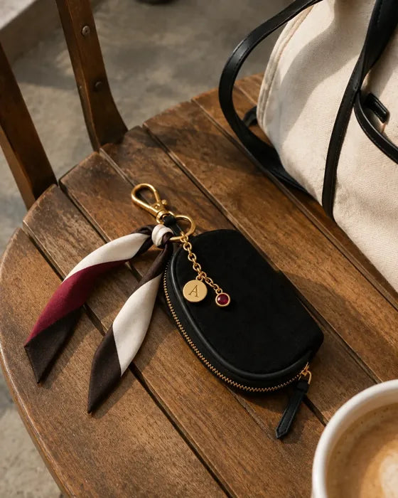 Lifestyle imagery: Styled Black Mini beside a canvas bag at a café